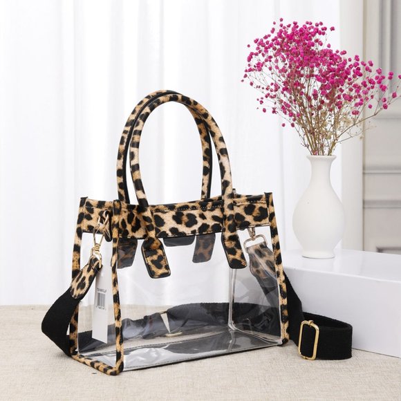 Handbags - Leopard Patterned Faux Leather Transparent Tote / Crossbody Bag